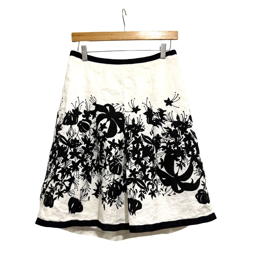 Ann Taylor LOFT White Black Floral Embroidered Linen A-Line Skirt Size 4